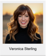 Portrait of Veronica Sterling smiling outdoors at sunset, wearing a black turtleneck.