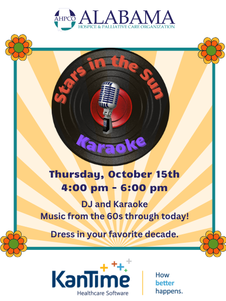Event poster for Stars in the Sun Karaoke hosted by AHPCO Alabama: a vinyl record with a microphone on a sunburst backdrop, floral corners, and event details: Thursday, October 15th, 4:00 pm–6:00 pm; DJ and Karaoke; music from the 60s through today; dress in your favorite decade. Logos for AHPCO at the top and KanTime at the bottom.