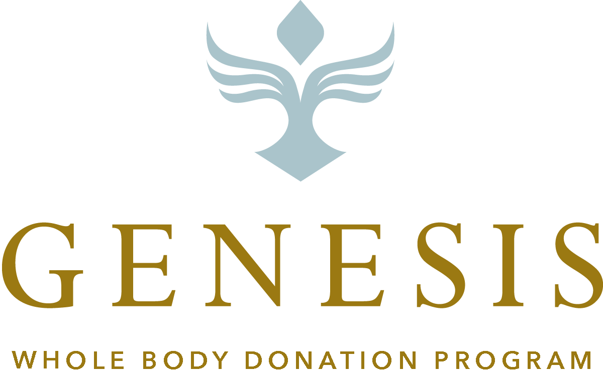 Genesis logo: teal emblem above the gold word GENESIS with the tagline WHOLE BODY DONATION PROGRAM in gold letters.