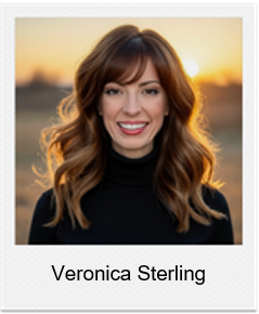 Portrait of Veronica Sterling, smiling woman with long wavy brown hair in a black turtleneck, outdoors at sunset with a warm glow behind her