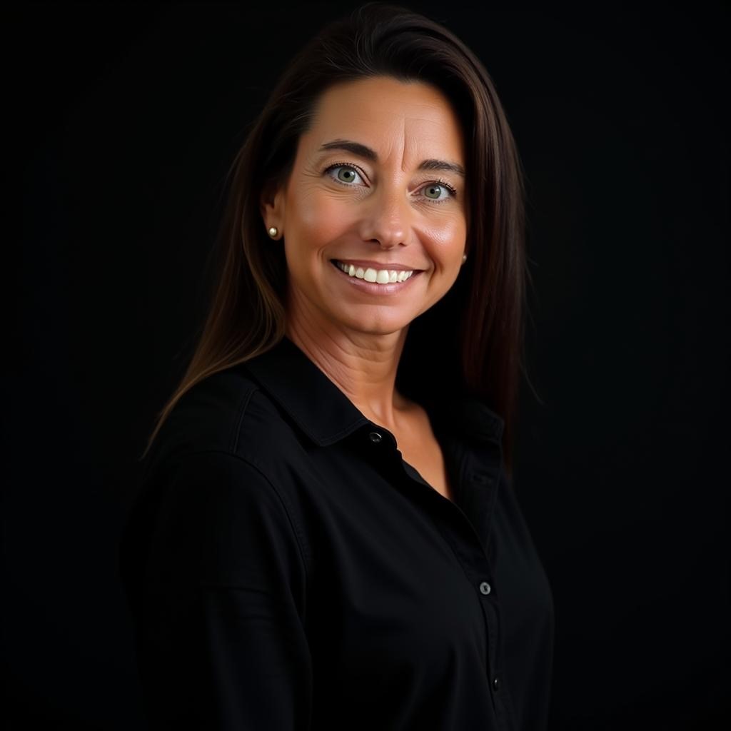 Portrait of a smiling woman with shoulder-length dark hair wearing a black blouse against a dark backdrop.